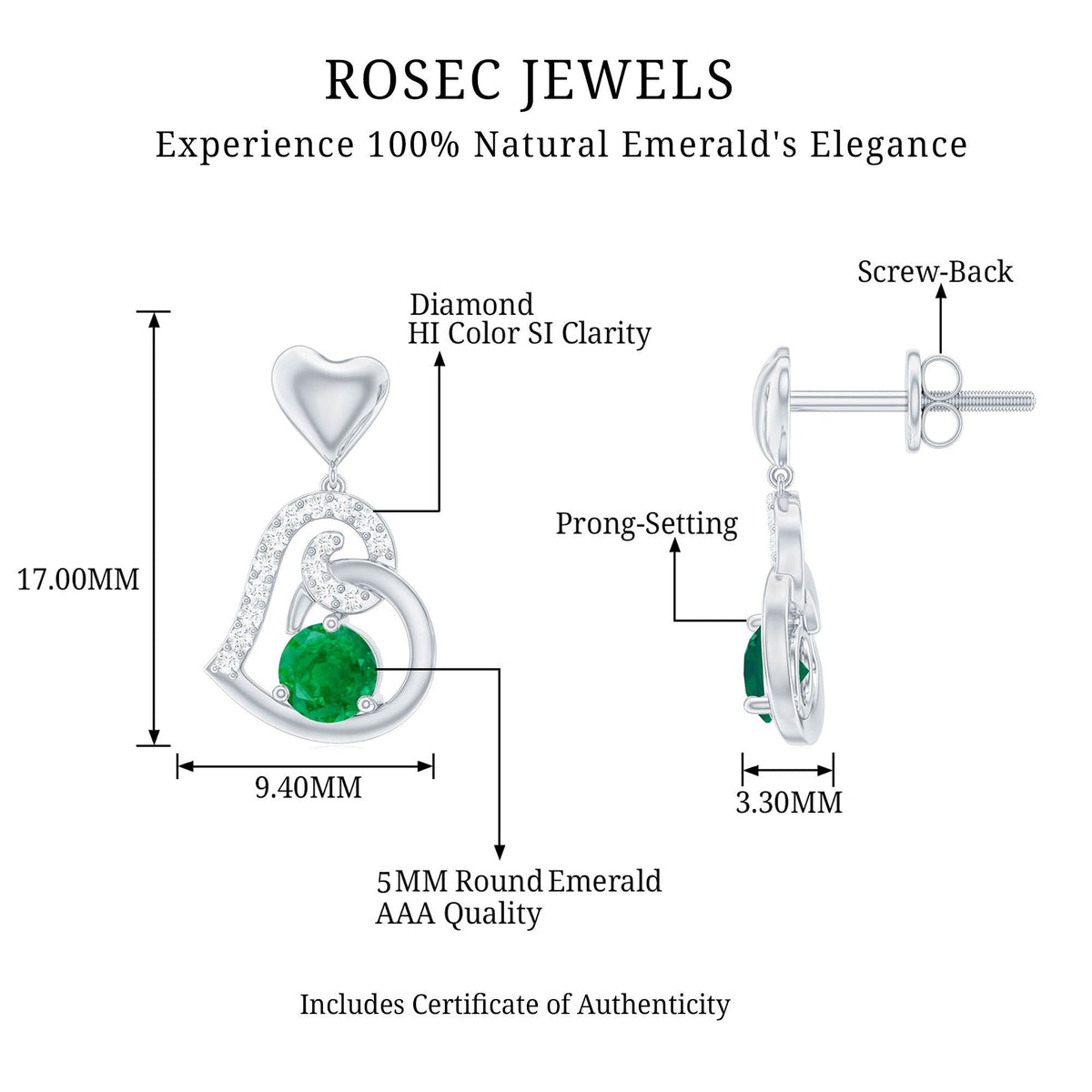0.9 Carat Round Emerald and Diamond Heart Drop Earrings