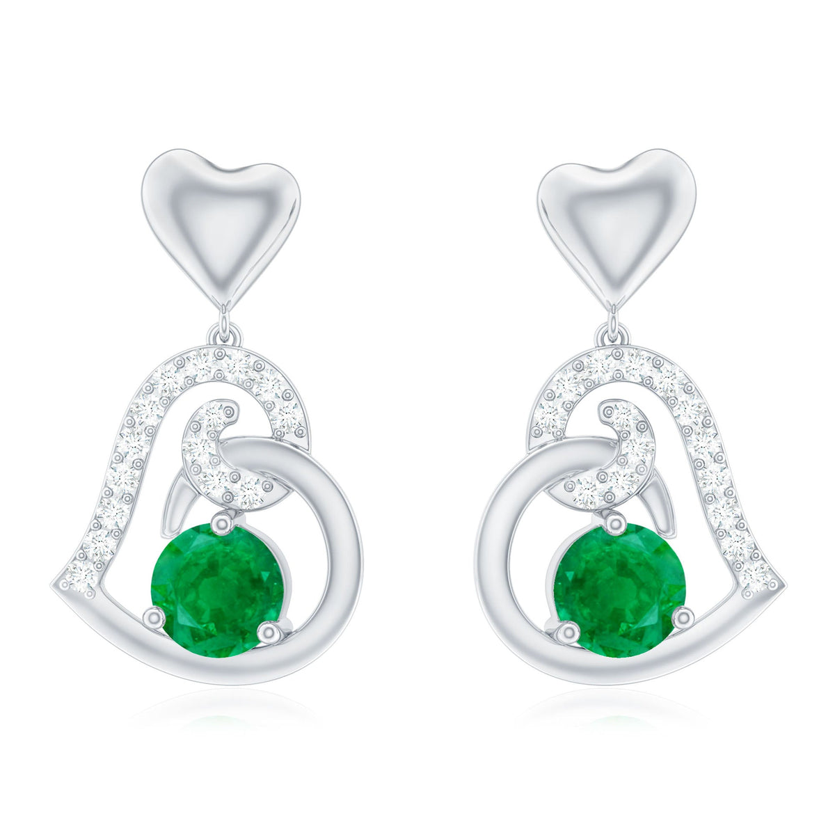 0.9 Carat Round Emerald and Diamond Heart Drop Earrings