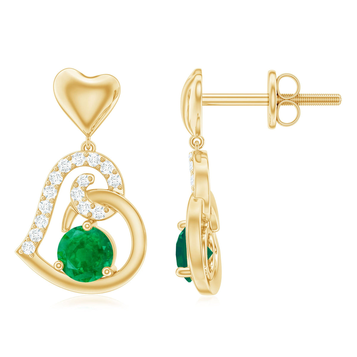 0.9 Carat Round Emerald and Diamond Heart Drop Earrings