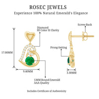 0.9 Carat Round Emerald and Diamond Heart Drop Earrings