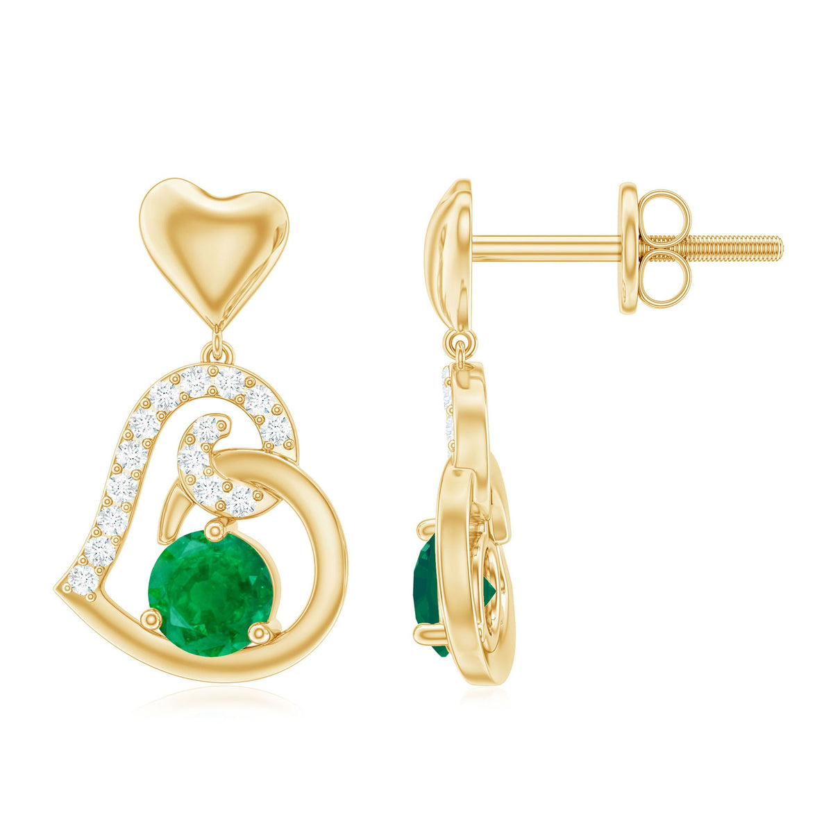 0.9 Carat Round Emerald and Diamond Heart Drop Earrings