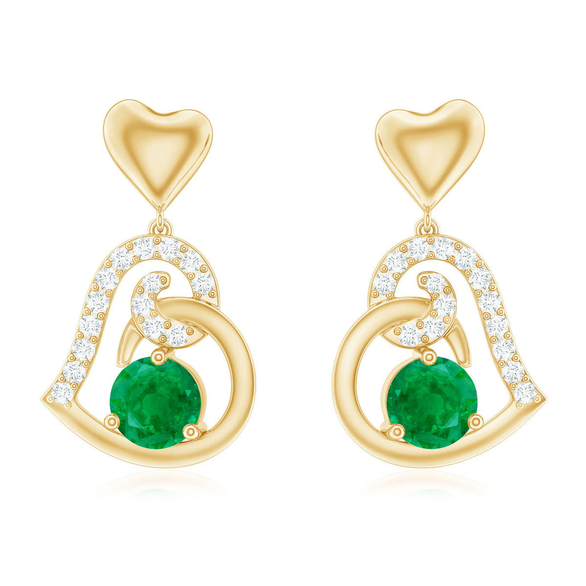 0.9 Carat Round Emerald and Diamond Heart Drop Earrings