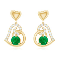 0.9 Carat Round Emerald and Diamond Heart Drop Earrings
