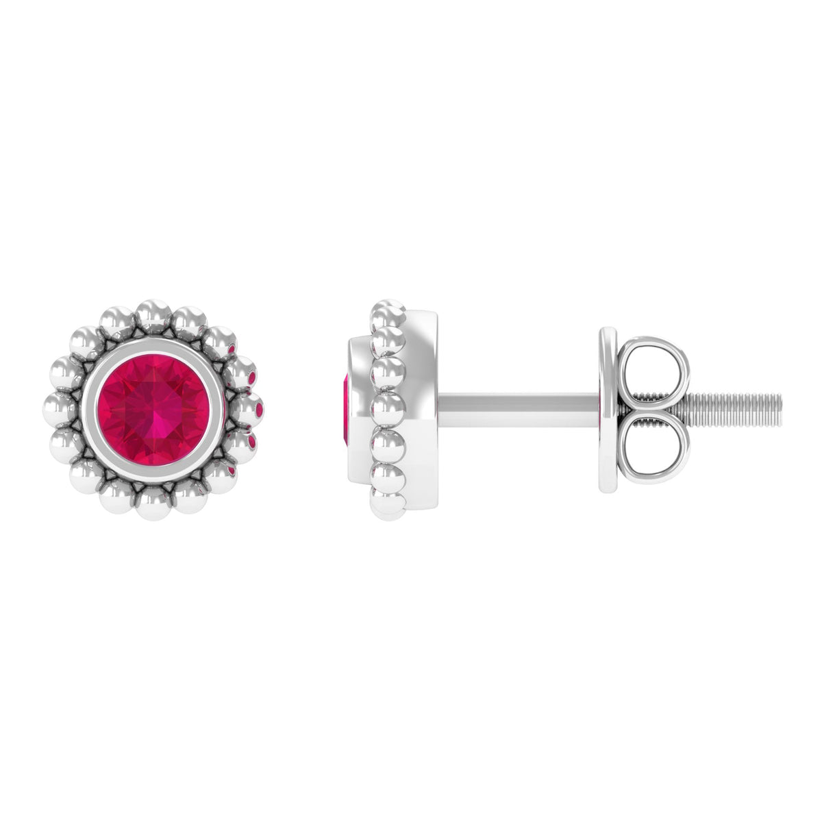 Rosec Jewels 1/4 CT ruby solitaire stud earrings with beaded bezel setting for women, showcasing a vibrant ruby gemstone.