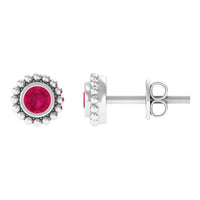 Rosec Jewels 1/4 CT ruby solitaire stud earrings with beaded bezel setting for women, showcasing a vibrant ruby gemstone.