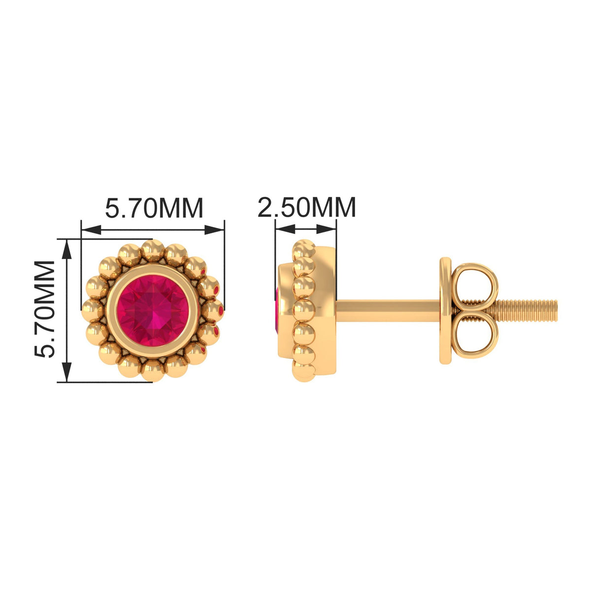 Diamond stud earring with 1/4 carat ruby in beaded bezel setting by Rosec Jewels, designed for women.