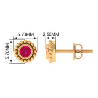 Diamond stud earring with 1/4 carat ruby in beaded bezel setting by Rosec Jewels, designed for women.