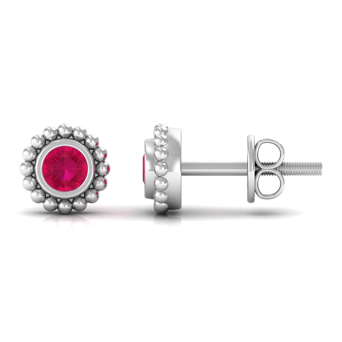 Rosec Jewels 1/4 CT ruby solitaire stud earrings with beaded bezel setting for women, featuring vibrant red rubies and elegant design.