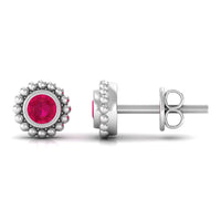 Rosec Jewels 1/4 CT ruby solitaire stud earrings with beaded bezel setting for women, featuring vibrant red rubies and elegant design.