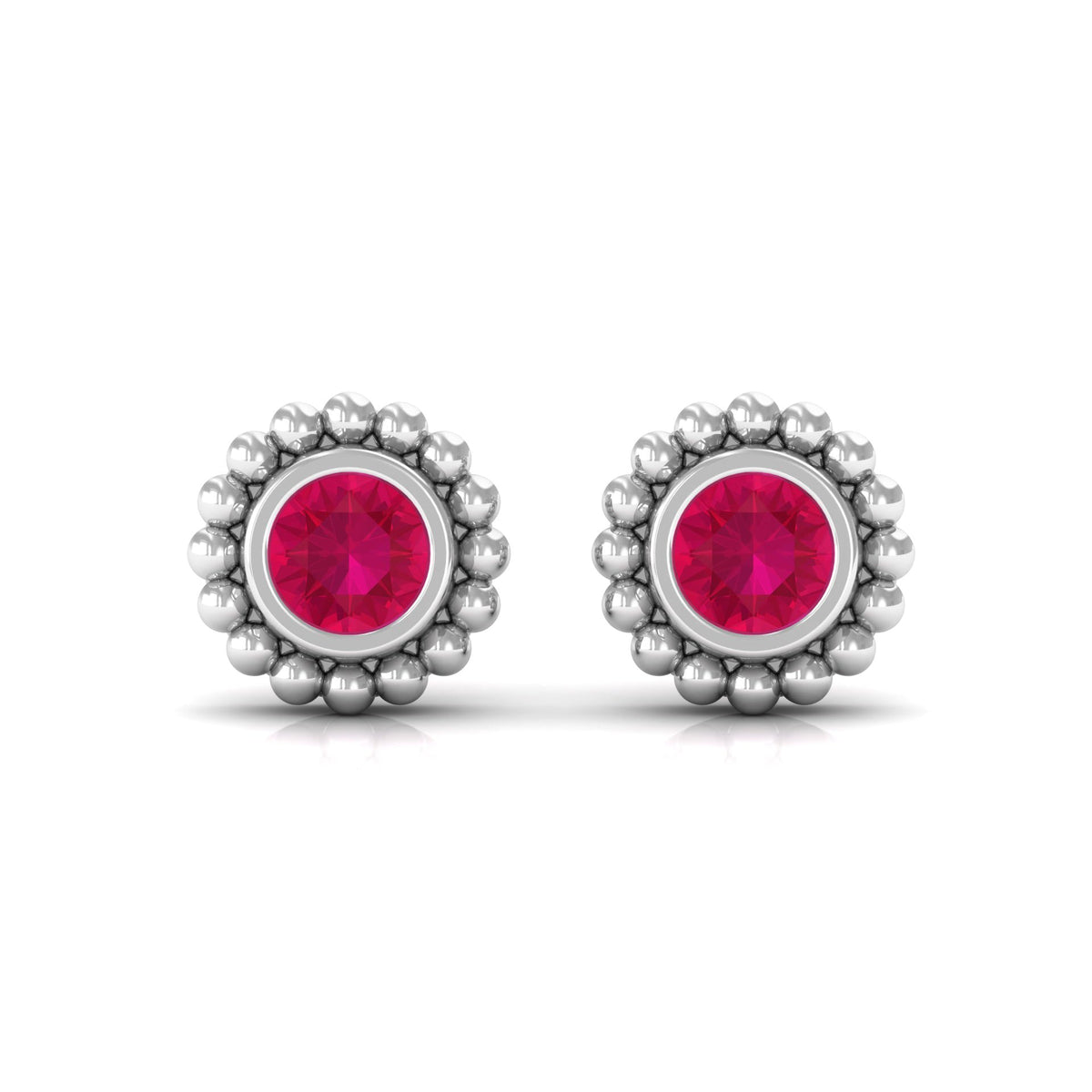 Beaded bezel set 1/4 CT ruby solitaire stud earring for women by Rosec Jewels with a classic gold finish.