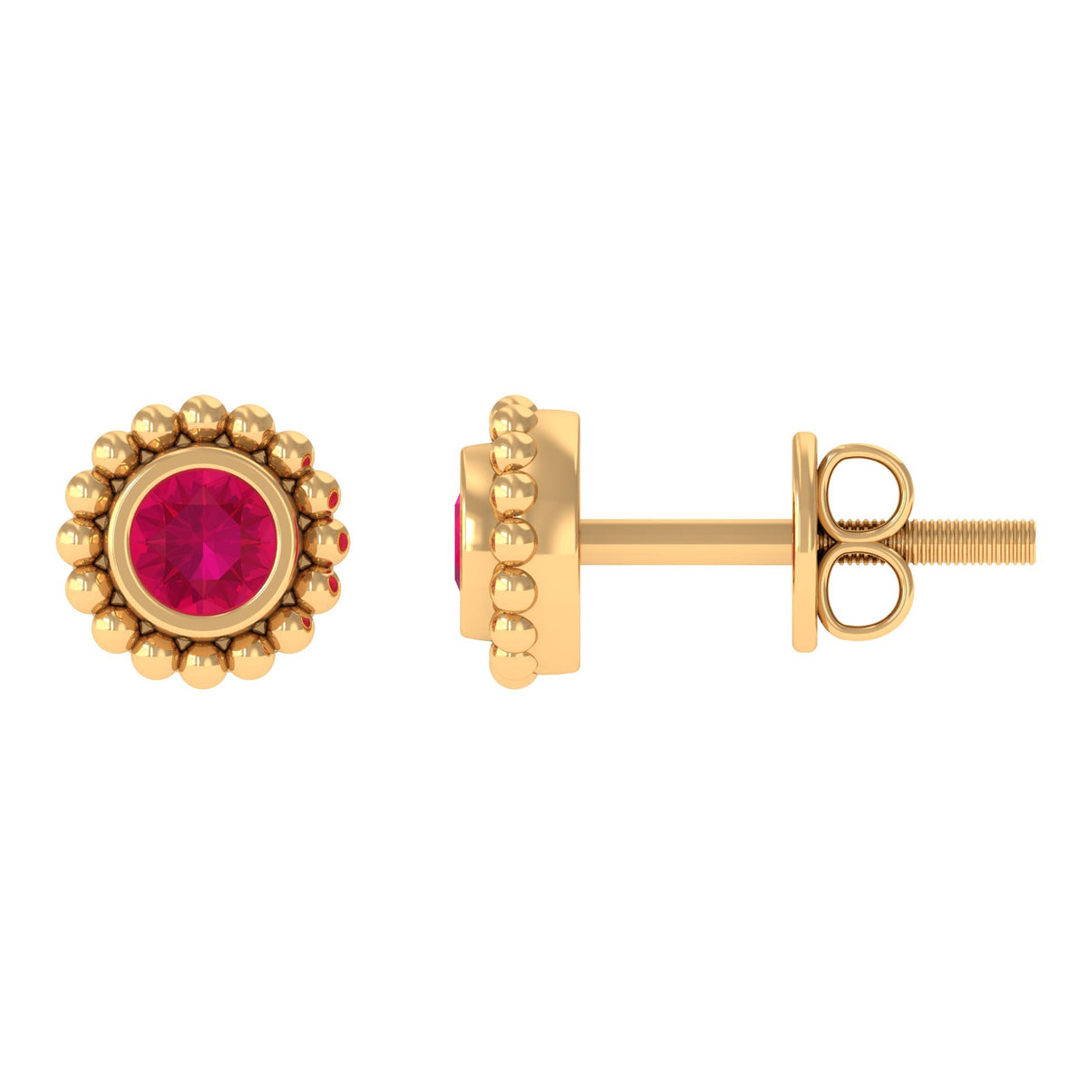 1/4 CT ruby solitaire stud earrings in beaded bezel setting by Rosec Jewels, featuring vibrant red ruby gemstones for women.