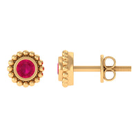 1/4 CT ruby solitaire stud earrings in beaded bezel setting by Rosec Jewels, featuring vibrant red ruby gemstones for women.