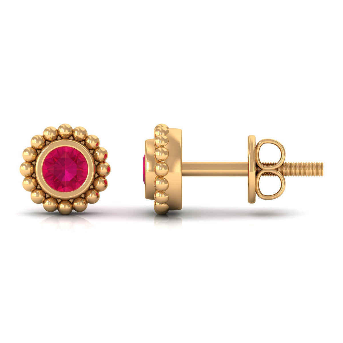 Rosec Jewels 1/4 CT ruby solitaire stud earring with beaded bezel setting, showcasing the elegant red ruby gemstone.