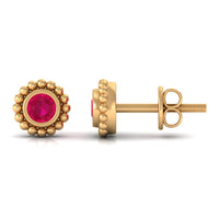Rosec Jewels 1/4 CT ruby solitaire stud earring with beaded bezel setting, showcasing the elegant red ruby gemstone.