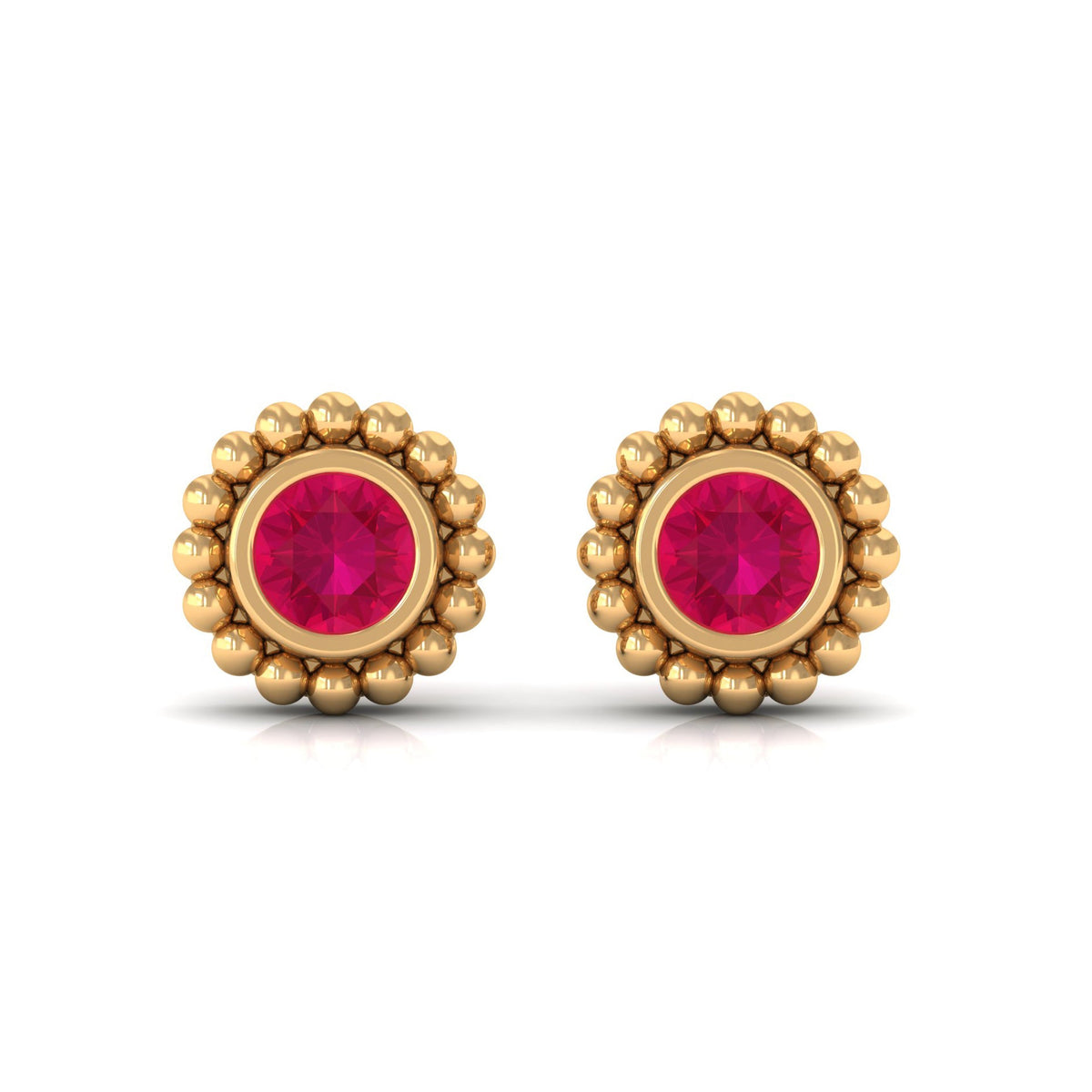 Rosec Jewels 1/4 CT ruby solitaire stud earrings with beaded bezel setting for women, showcasing vibrant red rubies and elegant design.