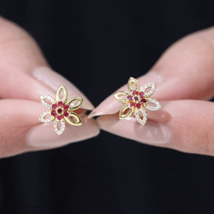 Natural ruby floral stud earrings with diamond accents from Rosec Jewels, featuring vibrant red gemstones and delicate floral design.