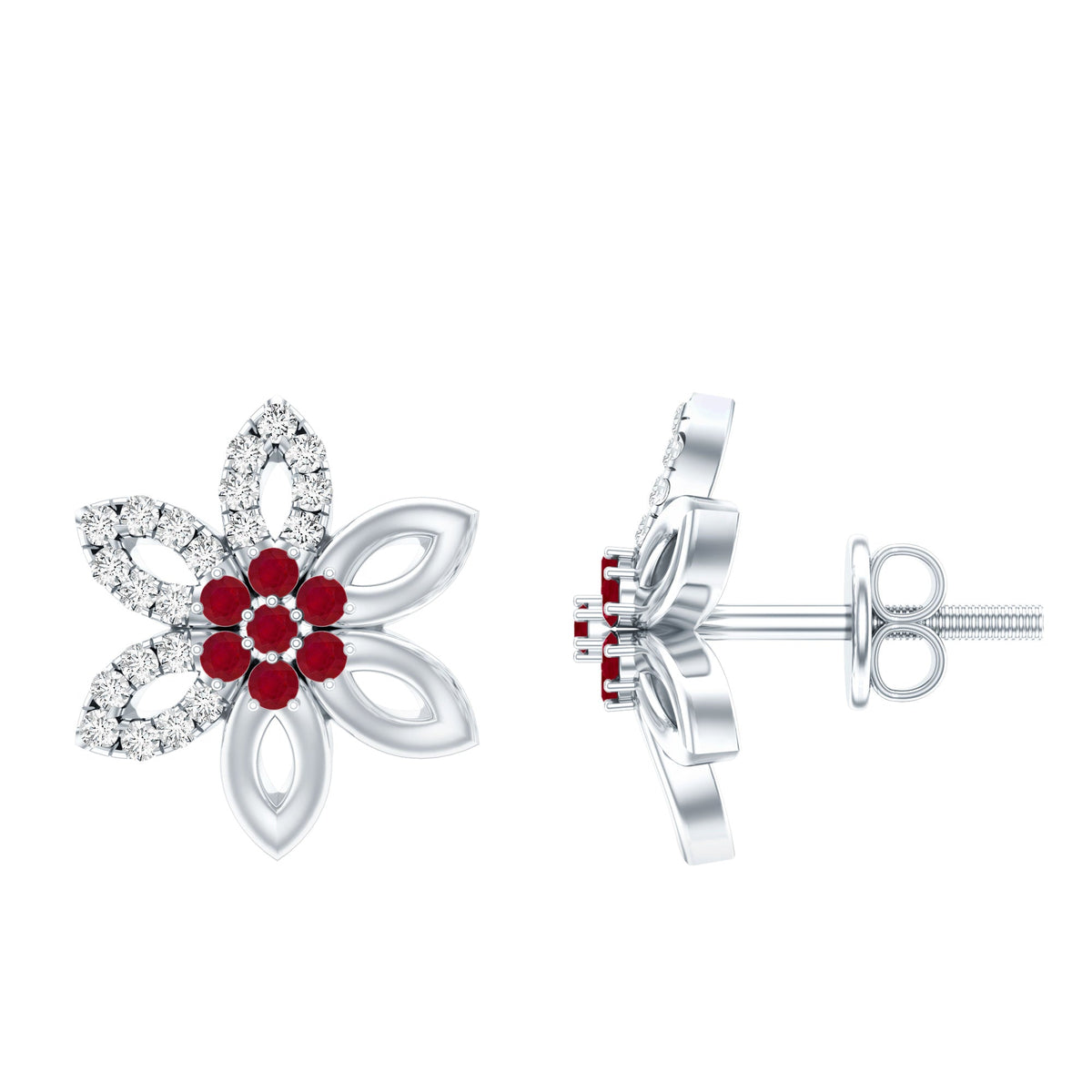 Natural ruby floral stud earrings with diamond stones from Rosec Jewels, showcasing intricate floral design and sparkling gemstones.