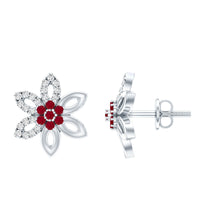 Natural ruby floral stud earrings with diamond stones from Rosec Jewels, showcasing intricate floral design and sparkling gemstones.