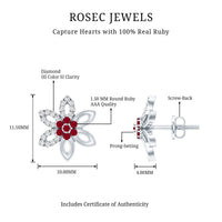Natural ruby floral stud earrings with diamond stones by Rosec Jewels, featuring intricate flower design and sparkling gemstone accents.