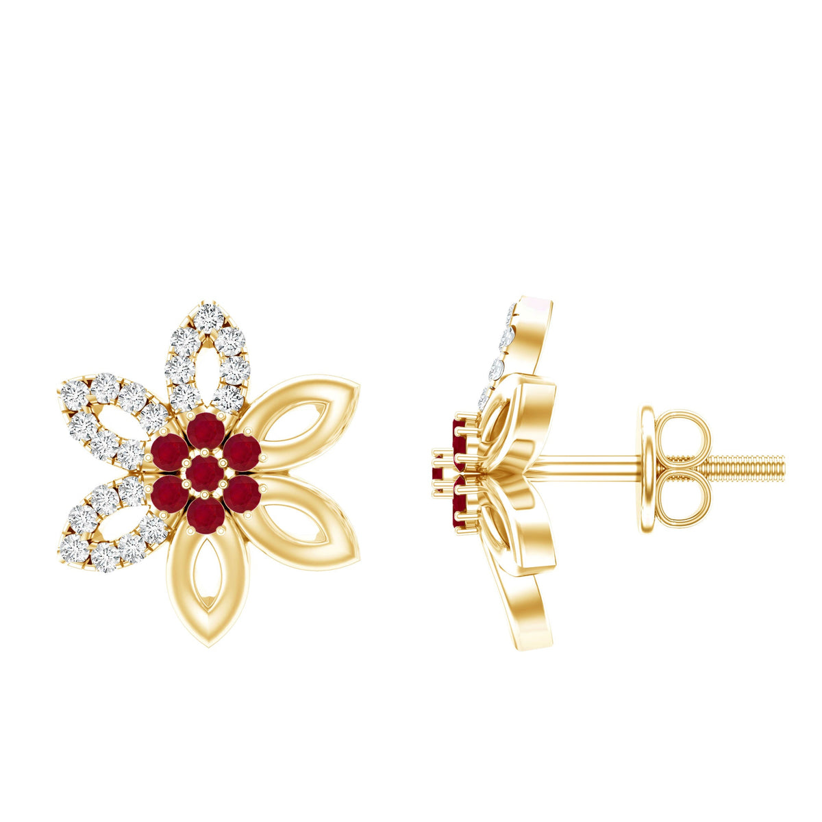 Natural ruby floral stud earrings with diamond stones from Rosec Jewels, showcasing detailed flower design and sparkling gemstones.