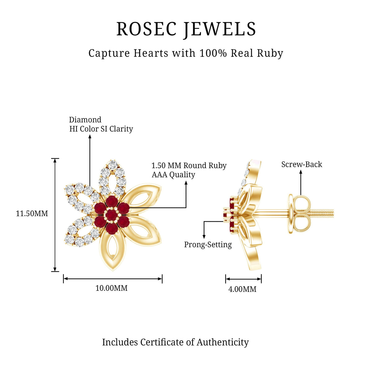 Natural Ruby floral stud earrings with diamond stones by Rosec Jewels, showcasing intricate flower design and sparkling gemstones.