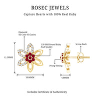 Natural Ruby floral stud earrings with diamond stones by Rosec Jewels, showcasing intricate flower design and sparkling gemstones.