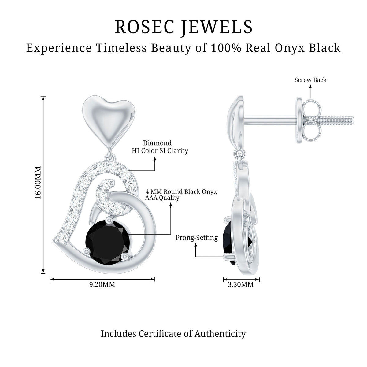 Genuine Black Onyx Heart Drop Earrings with Diamond