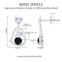 Genuine Black Onyx Heart Drop Earrings with Diamond
