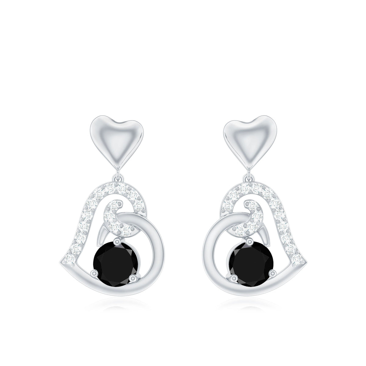 Genuine Black Onyx Heart Drop Earrings with Diamond
