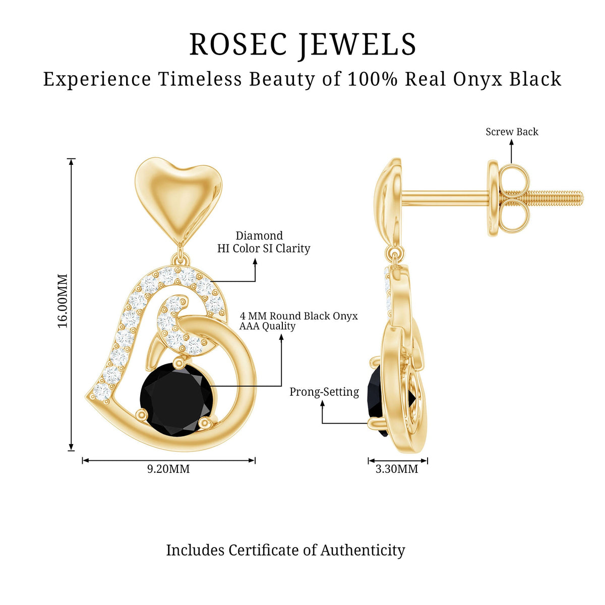 Genuine Black Onyx Heart Drop Earrings with Diamond