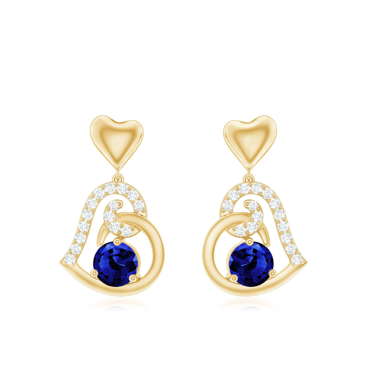 Created Blue Sapphire and Diamond Heart Drop Earrings
