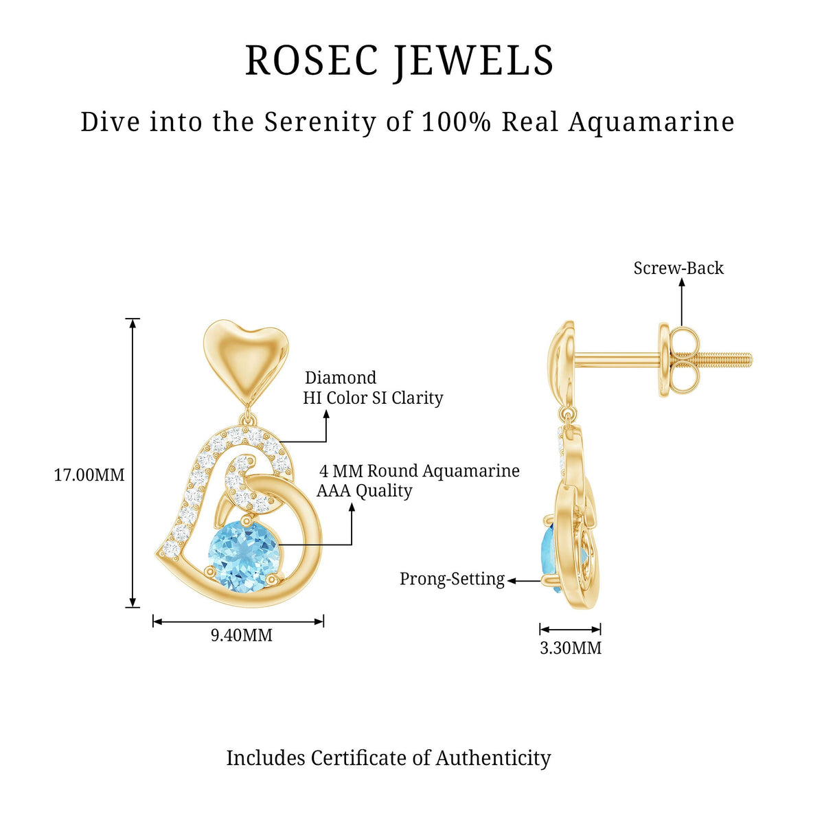 Natural Aquamarine Heart Drop Earrings with Diamond