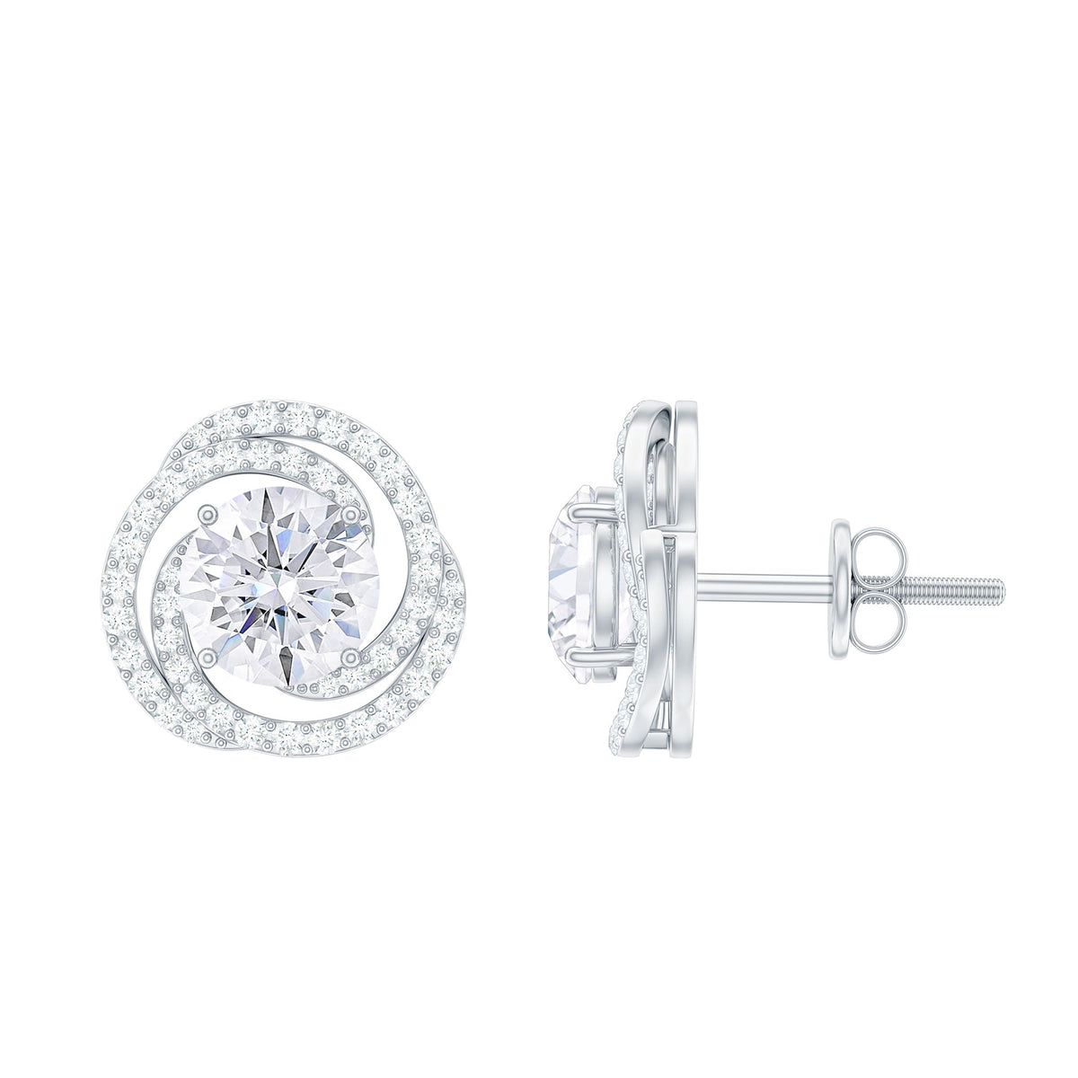 Rosec Jewels 2.25 CT Moissanite braided halo stud earrings with sparkling stones on a white background