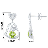 Solitaire Peridot Heart Drop Earrings with Diamond Accent