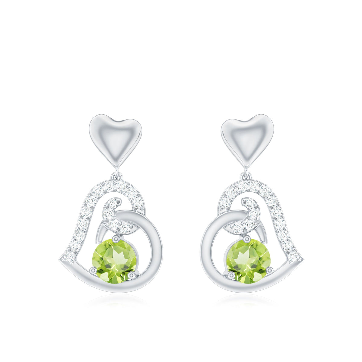 Solitaire Peridot Heart Drop Earrings with Diamond Accent