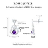 Natural Amethyst Diamond Heart Drop Earrings