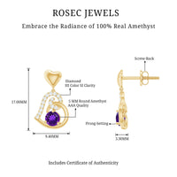 Natural Amethyst Diamond Heart Drop Earrings