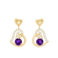 Natural Amethyst Diamond Heart Drop Earrings