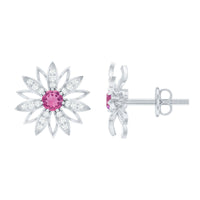 Round Pink Tourmaline Flower Stud Earrings with Diamond