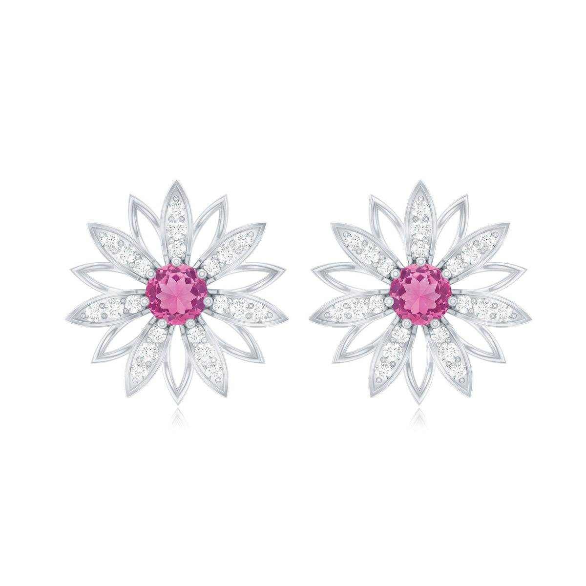 Round Pink Tourmaline Flower Stud Earrings with Diamond