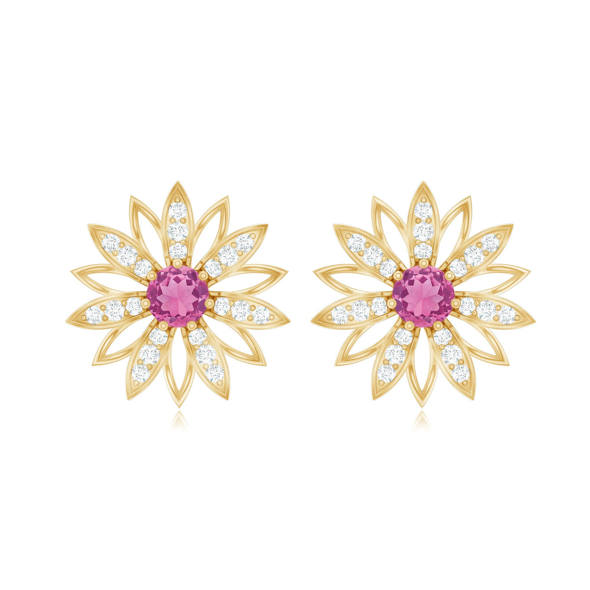 Round Pink Tourmaline Flower Stud Earrings with Diamond