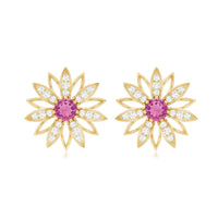Round Pink Tourmaline Flower Stud Earrings with Diamond