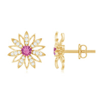 Round Pink Tourmaline Flower Stud Earrings with Diamond