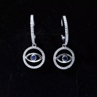 Real Blue Sapphire and Diamond Evil Eye Hoop Drop Earrings