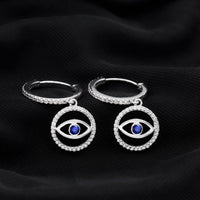Real Blue Sapphire and Diamond Evil Eye Hoop Drop Earrings