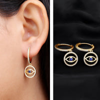 Real Blue Sapphire and Diamond Evil Eye Hoop Drop Earrings