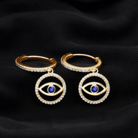 Real Blue Sapphire and Diamond Evil Eye Hoop Drop Earrings