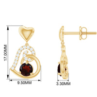 Garnet Heart Drop Earrings with Diamond Accent