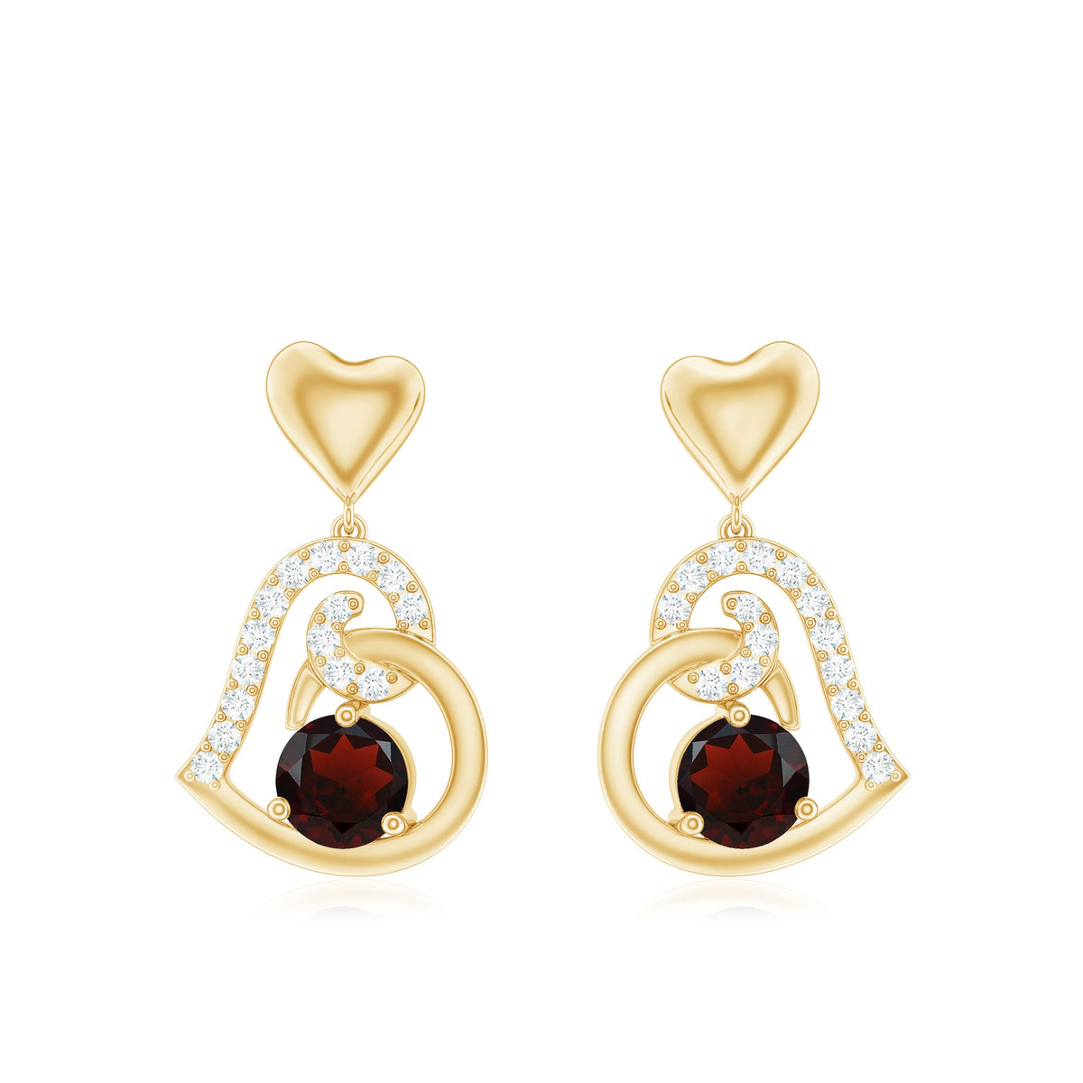 Garnet Heart Drop Earrings with Diamond Accent