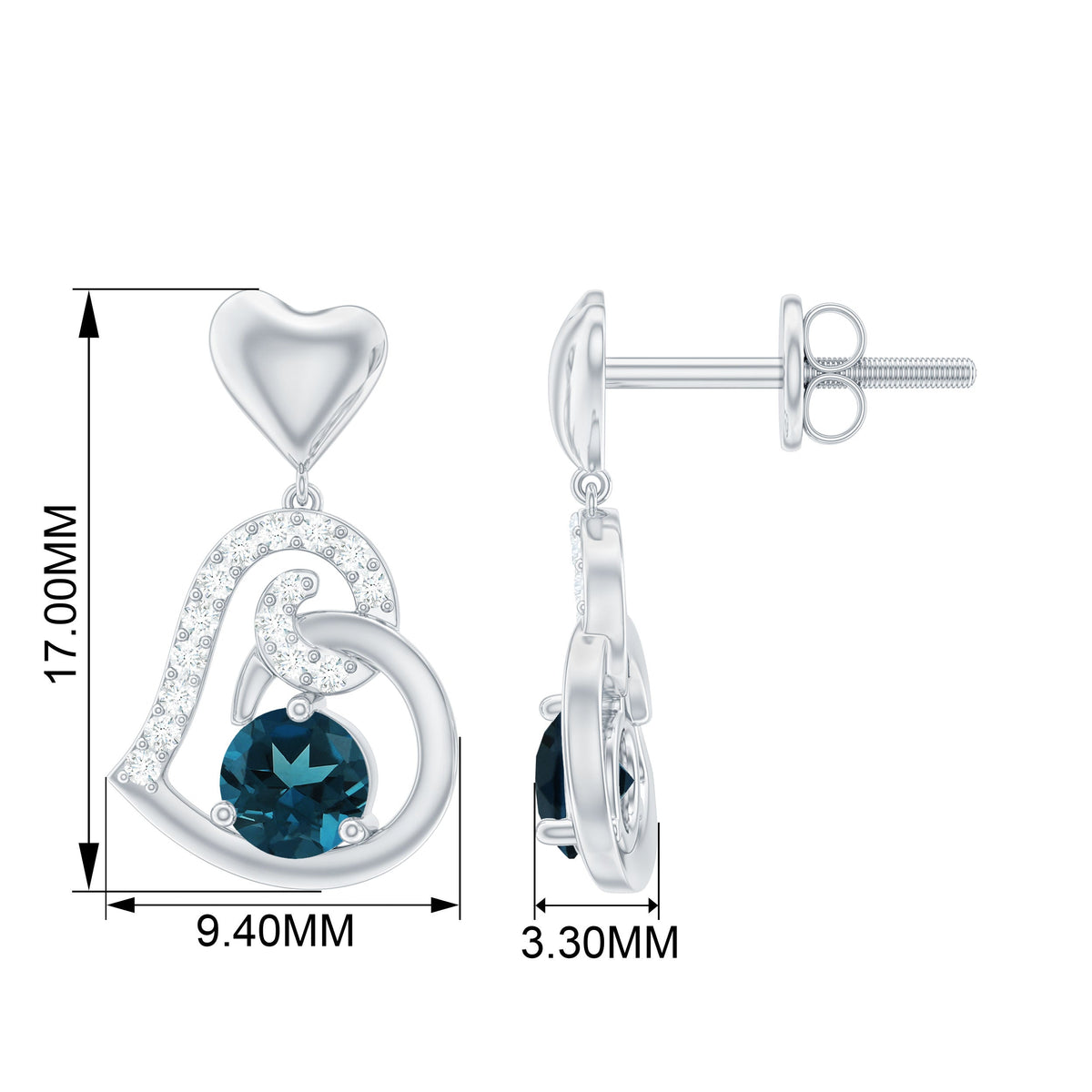 Round London Blue Topaz and Diamond Heart Drop Earring